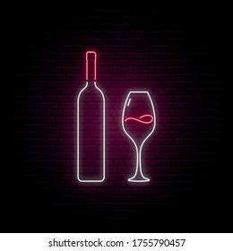 Neon wine sign. Bright glowing wine bottle and glass isolated on dark brick background. Neon signboard. Vector illustration.