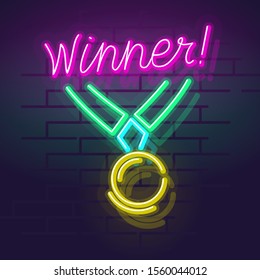 Neon winner handwritten lettering with medal. Night illuminated street sign. Square isolated geometric style illustration on brick wall background.