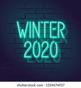 Neon winter 2020 typography. Square line art style neon illustration on brick wall background.