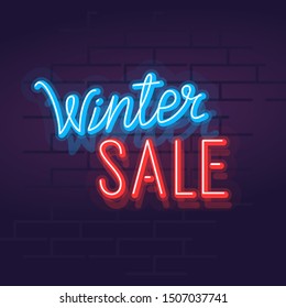 Neon winter sale lettering banner. Night illuminated sign in dark night. Isolated illustration on brick wall background.