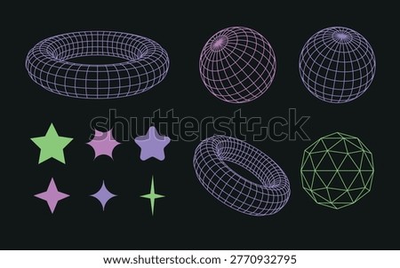Neon wireframe 3D geometric Globe shapes set on a dark background, including torus, spheres, polygon mesh and sparkle stars in purple, pink and green for futuristic cyber design.
