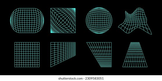 Neon wireframe elements collection. Geometric surface grid of different shape. Distorted perspective planes and object set. Vector geometric bundle for posters, flyers, collages, templates.