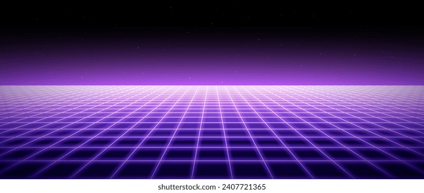 Neon wireframe horizon background. Light purple grid room floor in perspective. Glow violet retro futuristic wallpaper. Abstract checkered plane landscape. Game floor surface. Vector backdrop