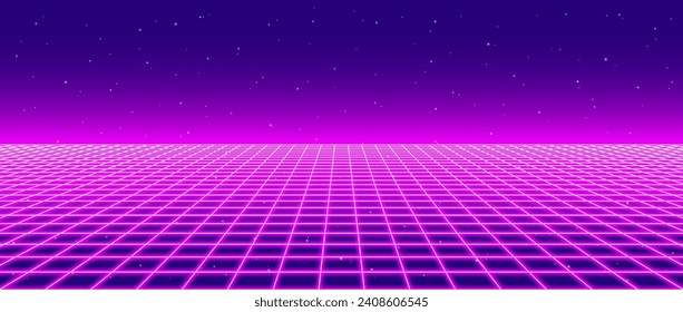 Neon wireframe horizon background. Light pink grid room floor in perspective. Glow magenta retro futuristic wallpaper. Abstract checkered plane landscape. Neon game floor surface. Vector backdrop