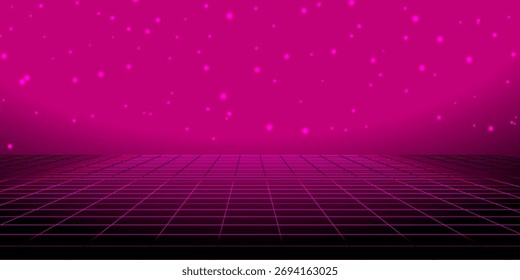 Fondo de horizonte de estructura de alambre de neón. Piso de la habitación de rejilla púrpura claro en perspectiva. Fondo de pantalla futurista retro violeta brillante. Abstractas paisaje plano a cuadros. Superficie del suelo del juego. telón de fondo del Vector