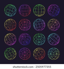 Neon wireframe shapes, lined sphere. Perspective mesh, 3d grid. Low poly geometric elements. Retro futuristic design elements, y2k, vaporwave and synthwave style. Vector illustration