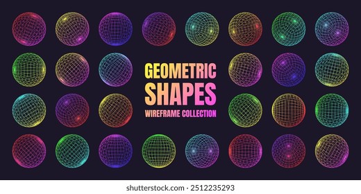 Neon wireframe shapes, lined sphere. Perspective mesh, 3d grid. Low poly geometric elements. Retro futuristic design elements, y2k, vaporwave and synthwave style. Vector illustration
