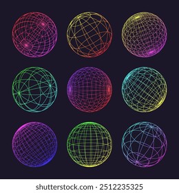 Formas de neón, esfera forrada. Malla de Perspectiva, rejilla 3D. Elementos geométricos de polietileno bajo. Elementos de diseño futuristas retro, estilo y2k, vaporwave y synthwave. Ilustración vectorial