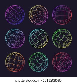 Neon wireframe shapes, lined sphere. Perspective mesh, 3d grid. Low poly geometric elements. Retro futuristic design elements, y2k, vaporwave and synthwave style. Vector illustration