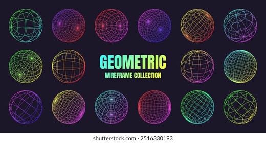 Neon wireframe shapes, lined sphere. Perspective mesh, 3d grid. Low poly geometric elements. Retro futuristic design elements, y2k, vaporwave and synthwave style. Vector illustration