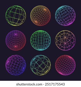 Neon wireframe shapes, lined sphere. Perspective mesh, 3d grid. Low poly geometric elements. Retro futuristic design elements, y2k, vaporwave and synthwave style. Vector illustration