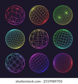 Neon Drahtmodell Formen, ausgekleidete Kugel. Perspektivnetz, 3D-Gitter. Geometrische Elemente mit niedrigem Poly. Retro futuristische Design-Elemente, y2k, Vaporwave und Synthwave-Stil. Vektorgrafik