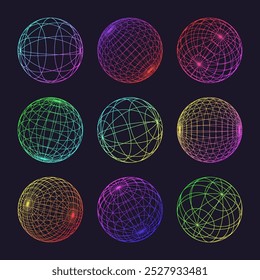 Formas de néon wireframe, esfera forrada. Malha em perspectiva, grade 3d. Elementos poligeométricos baixos. Elementos de design futurista retro, y2k, vaporwave e estilo synthwave. Ilustração vetorial