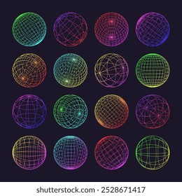Neon wireframe shapes, lined sphere. Perspective mesh, 3d grid. Low poly geometric elements. Retro futuristic design elements, y2k, vaporwave and synthwave style. Vector illustration
