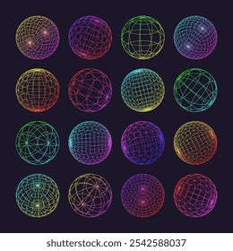 Neon wireframe shapes, lined sphere. Perspective mesh, 3d grid. Low poly geometric elements. Retro futuristic design elements, y2k, vaporwave and synthwave style. Vector illustration