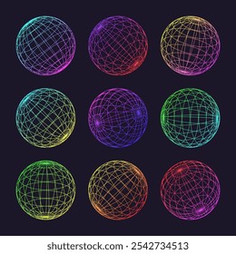 Neon wireframe shapes, lined sphere. Perspective mesh, 3d grid. Low poly geometric elements. Retro futuristic design elements, y2k, vaporwave and synthwave style. Vector illustration