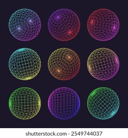 Neon wireframe shapes, lined sphere. Perspective mesh, 3d grid. Low poly geometric elements. Retro futuristic design elements, y2k, vaporwave and synthwave style. Vector illustration