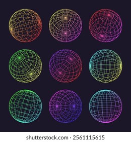 Neon wireframe shapes, lined sphere. Perspective mesh, 3d grid. Low poly geometric elements. Retro futuristic design elements, y2k, vaporwave and synthwave style. Vector illustration