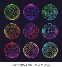 Neon wireframe shapes, lined sphere. Perspective mesh, 3d grid. Low poly geometric elements. Retro futuristic design elements, y2k, vaporwave and synthwave style. Vector illustration