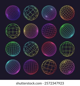 Neon wireframe shapes, lined sphere. Perspective mesh, 3d grid. Low poly geometric elements. Retro futuristic design elements, y2k, vaporwave and synthwave style. Vector illustration