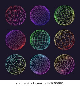 Neon wireframe shapes, lined sphere. Perspective mesh, 3d grid. Low poly geometric elements. Retro futuristic design elements, y2k, vaporwave and synthwave style. Vector illustration