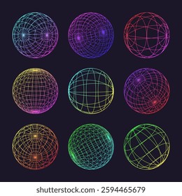 Neon wireframe shapes, lined sphere. Perspective mesh, 3d grid. Low poly geometric elements. Retro futuristic design elements, y2k, vaporwave and synthwave style. Vector illustration