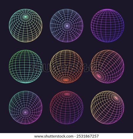 Neon wireframe shapes, lined sphere. Perspective mesh, 3d grid. Round geometric elements. Vector EPS 10