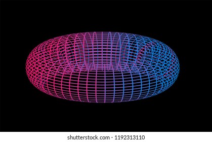Neon wireframe of torus. Conceptual illustration in synthwave/ vaporwave style.