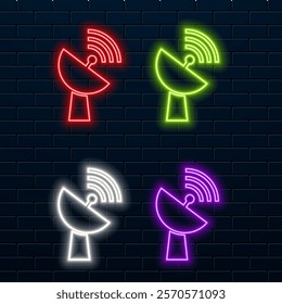 Neon wireless tower on black background. Antenna tower icons collection, radio tower icon, transmitter icon. Cell phone tower icon. Cell phone antenna line, cell phone signal, or wireless radio line i