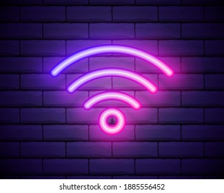 Neon Wireless And Wifi Internet Connection Icon Vector Illustration.Glowing WIFI Icon Isolated On Dark Brick Wall Background.