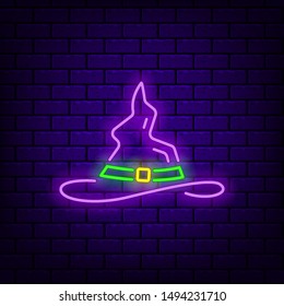 Neon witch hat icon on dark brick background. Editable stroke and blend. Vector illustration.