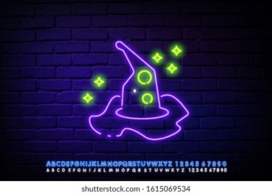 Neon witch hat icon on dark brick background. Editable stroke and blend. Vector illustration with the alphabet.