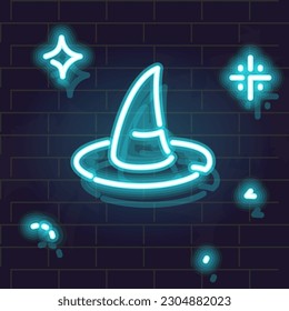 Neon wizard hat silhouette. Magician costume illustration in glowing style on dark wall background.