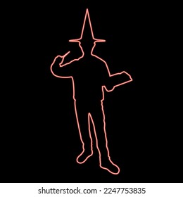 Neon wizard holds magic wand trick book Waving Sorcery concept Magician Sorcerer Fantasy person Warlock man in robe with magical stick Witchcraft in hat mantle Mage conjure Mystery idea Enchantment