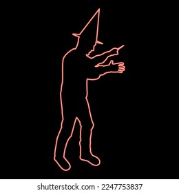 Neon wizard holds magic wand trick Waving Sorcery concept Magician Sorcerer Fantasy person Warlock man in robe with magical stick Witchcraft in hat mantle Mage conjure Mystery idea Enchantment red