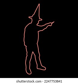 Neon wizard holds magic wand trick Waving Sorcery concept Magician Sorcerer Fantasy person Warlock man in robe with magical stick Witchcraft in hat mantle Mage conjure Mystery idea Enchantment red