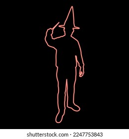 Neon wizard holds magic wand trick Waving Sorcery concept Magician Sorcerer Fantasy person Warlock man in robe with magical stick Witchcraft in hat mantle Mage conjure Mystery idea Enchantment red