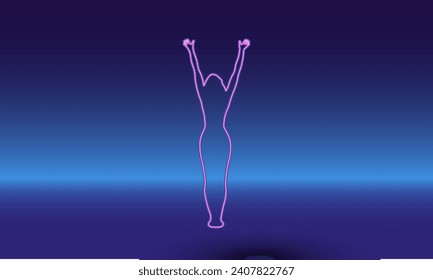 Neon woman stretches symbol on a gradient blue background. The isolated symbol is located in the bottom center. Gradient blue with light blue skyline