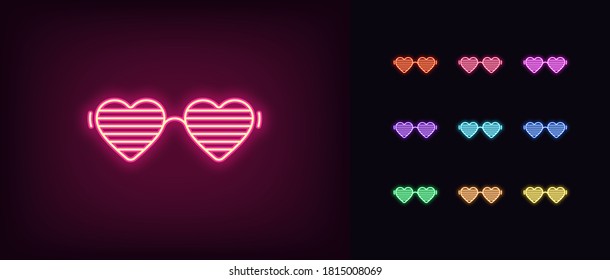 Neon women glasses icon. Glowing neon sunglasses with heart shapes, vivid eyewear. Fashion glasses, goggles with shutter, eye mask, party accessory. Icon set, sign, symbol. Vector illustration