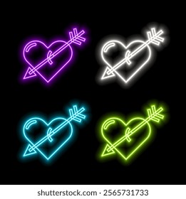 Neon women glasses icon. Glowing neon sunglasses with heart shapes, vivid eyewear. Fashion glasses, goggles with shutter, eye mask, party accessory. Icon set, sign, symbol. Vector illustration.