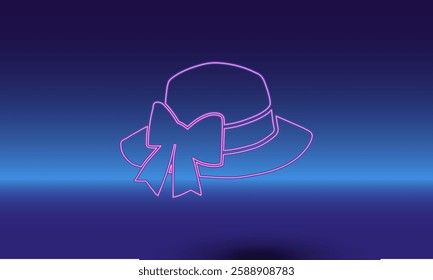 Neon women's hat symbol on a gradient blue background. The isolated symbol is located in the bottom center. Gradient blue with light blue skyline