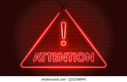 Neon word Attention Symbol Sign on Red brick wall background. Security protection, Malware, Hack Attack, Data Breach Concept. System hacked error, Attacker alert sign computer virus. Ransomware.Vector