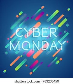 Neon word 'cyber monday' with colorful lane background, vector illustration