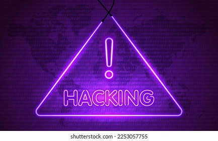 Neon word Hacking. Symbol on Map Dark Purple Background. Security protection Malware Hack Attack Data Breach Concept. System hacked error, Attacker alert sign computer virus. Danger. Ransomware.Vector