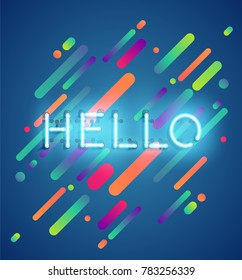 Neon word 'hello' with colorful lane background, vector illustration