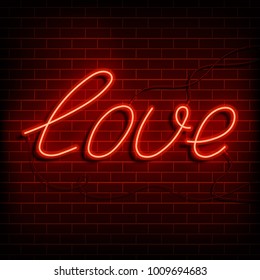 Neon word love. A bright red sign on a brick wall. Element of design for a happy Valentine's day. Vector illustration