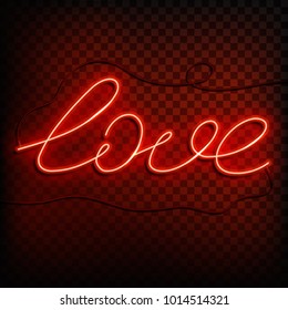 Neon word love. A bright red sign on a on a transparent background. Element of design for a happy Valentine's day. Vector illustration.