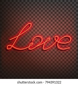 Neon word love. A bright red sign on a on a transparent background. Element of design for a happy Valentine's day. Vector illustration.