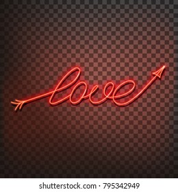 Neon word love. A bright red sign on a on a transparent background. Element of design for a happy Valentine's day. Vector illustration.