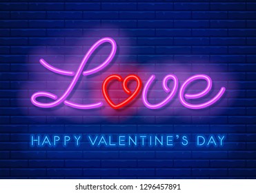 Neon word love with the letter O, stylized in the heart shape on dark brick wall background. Design element for Happy Valentine's Day. Vector illustration.